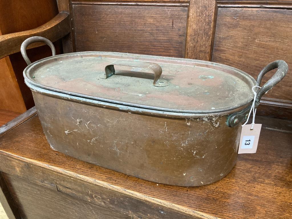 Two Victorian copper pans and a preserve pan, largest 59cm wide